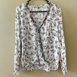 Democracy Floral V-Neck Peasant Top | Size M Faux Wrap Front